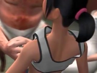 Oversexed animasi menarik berambut cokelat pemberian mengisap penis di seks dengan banyak pria